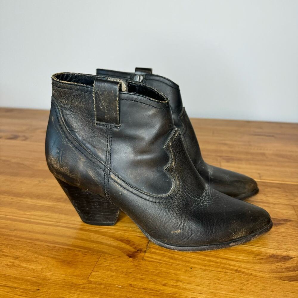 Frye Reina Distressed Dark Brown Leather Side Zip Western Ankle Boots Size 6.5
